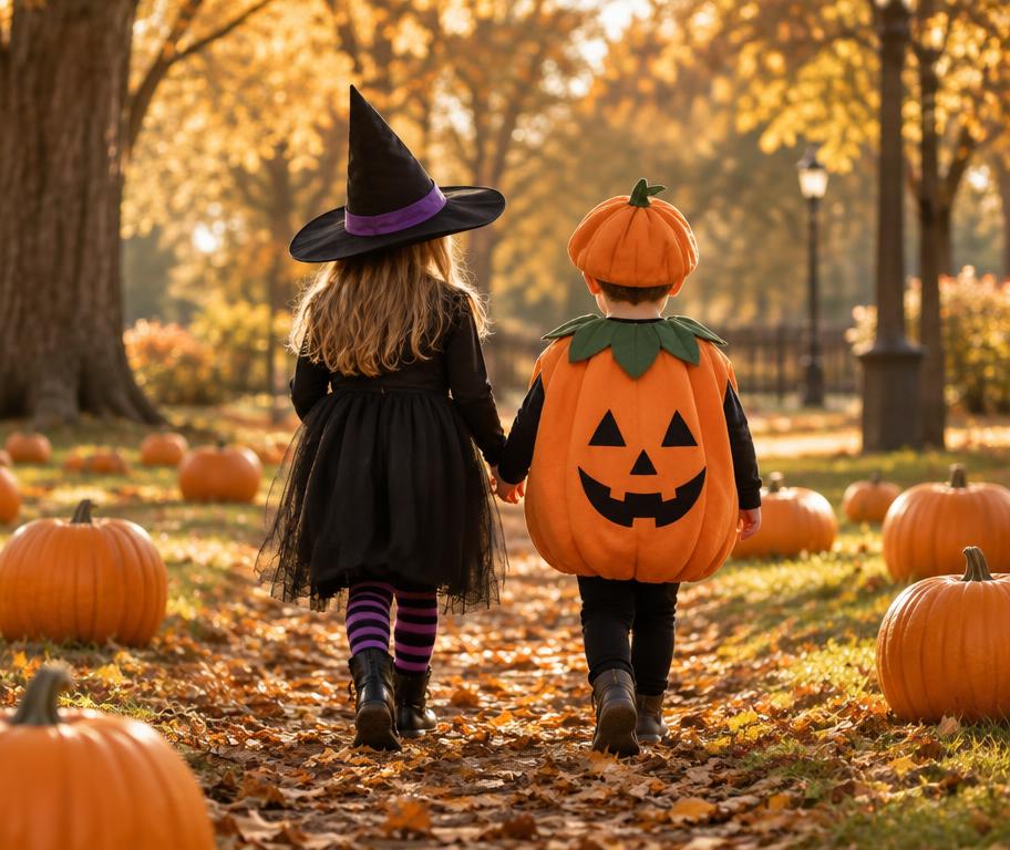 Δύο παιδιά με στολές Halloween περπατούν ανάμεσα σε κολοκύθες